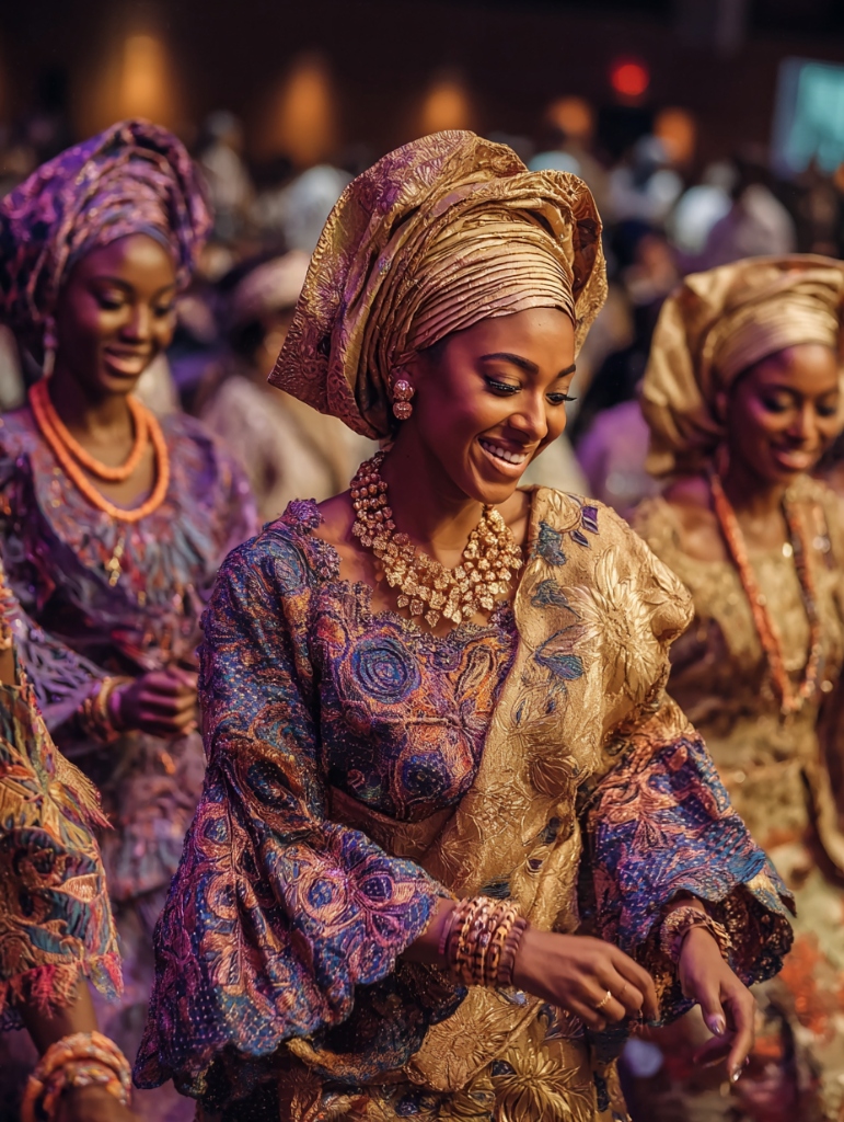 A joyful woman dancing in a beautiful gold Gèlè and matching dress