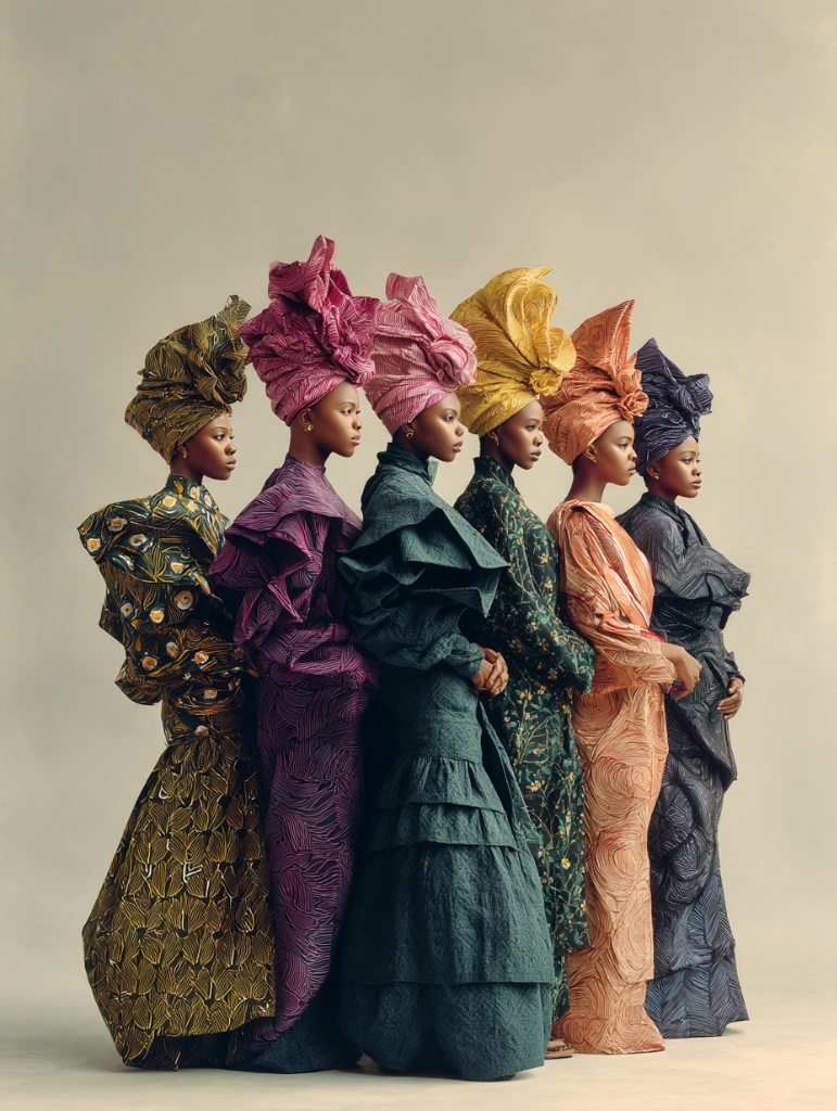 A line of six beautiful women in regal, uniquely colored Gèlè headwraps